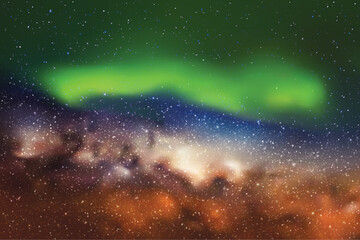 Night starry sky. Green aurora borealis. Milky Way and Northern lights