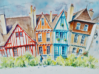 Colorful houses in the historical center of Vannes, coastal medieveal town in Morbihan departement, Brittany, France. Picture created with watercolors. - 622028711