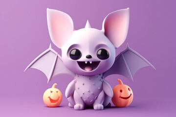 Cute cartoon style Halloween bat with pumpkins on purple background. 