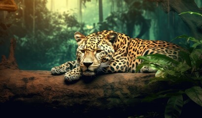 Sri Lankan leopard, Panthera pardus kotiya, laying on a tree, surrounded by dense vegetation. Created with Generative AI technology.