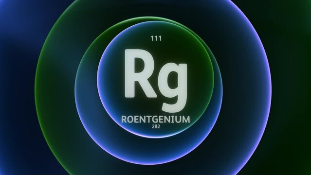 Roentgenium as Element 111 of the Periodic Table. Concept animation on abstract green blue gradient rings seamless loop background. Title design for science content and infographic showcase backdrop.