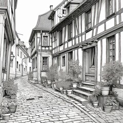 A cobblestone street with potted plants and half-timbered building. (Generative AI)