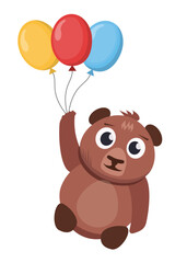 cute baby bear flies in the sky hanging on a bunch of baby balloons. funny children vector flat cartoon illustration.