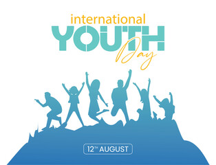International Youth Day Celebration, Friendly team, cooperation, friendship, Card with colorful crowd people banner poster with six people