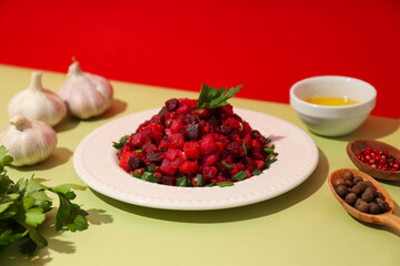 Concept of tasty food, cold dish - Vinaigrette salad