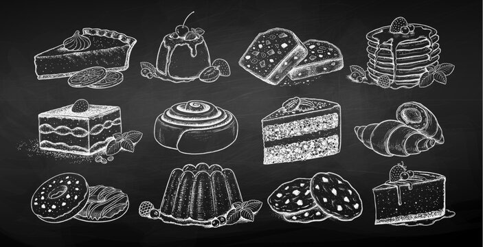 Chalk sketh vector illustration collection of desserts and bakery on chalkboard background