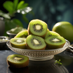 Fresh Delights: Sliced Kiwis in a Bowl amidst a Natural Setting - Generative AI