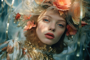 portrait of a woman/model/book character surrounded by flowers in daylight with a thoughtful expression in a fashion/beauty editorial magazine style film photography look - generative ai art - obrazy, fototapety, plakaty