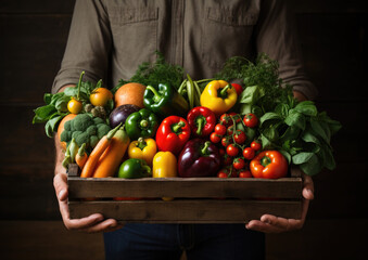 unrecognizable man holding a box of groceries and vegetables. Local Produce Delivery.