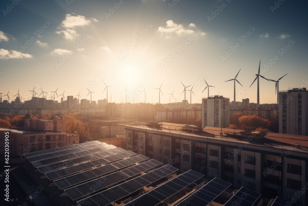 Wall mural a cityscape with solar panels and wind turbines, renewable energy solutions to combat climate change