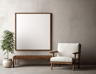 This cozy white interior features a wooden frame mockup picture of a white chair next to a bench and a plant, creating a peaceful and inviting atmosphere