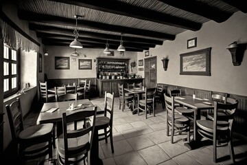 Fototapeta na wymiar Interior of a restaurant with tables and chairs. Black and white