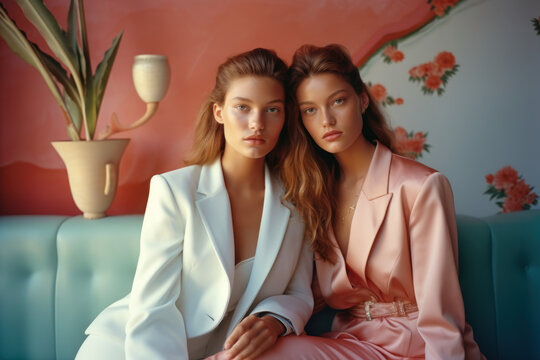 female friends/models/lgbtq + couple in magazine editorial fashion/beauty photo shoot embracing/in whimsical pastel setting film photography look  - generative ai art