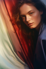 Naklejka premium portrait of a woman/model/book character with rainbow for lgbtq + awareness with thoughtful/sad expression in a fashion/beauty editorial magazine style film photography look - generative ai art