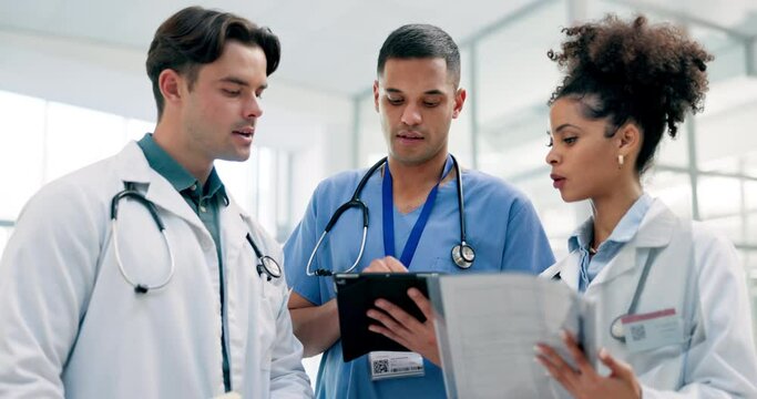 Documents, tablet and doctors for healthcare teamwork, report analysis and schedule management in hospital. Research, planning and medical woman, nurse and manager on digital technology and solution