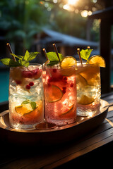 Summer cocktails with ice on tropical beach resort at sunset. Vacation and leisure concept. Generative AI.