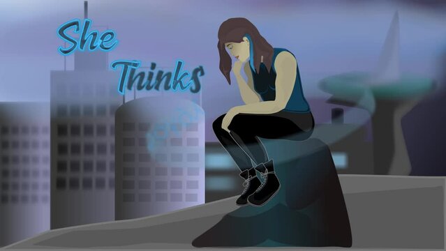 A vector 2d animation of a modern and female take of Rodin's "The Thinker"