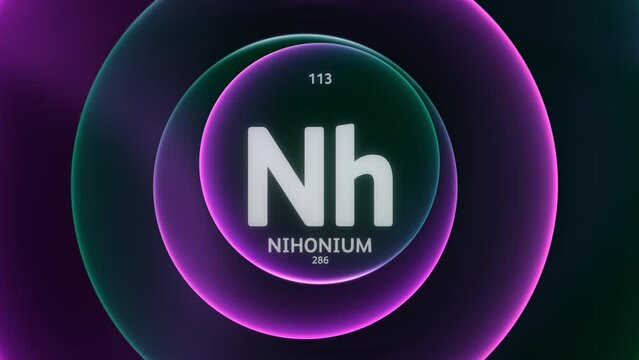 Nihonium as Element 113 of the Periodic Table. Concept animation on abstract green purple gradient rings seamless loop background. Title design for science content and infographic showcase backdrop.