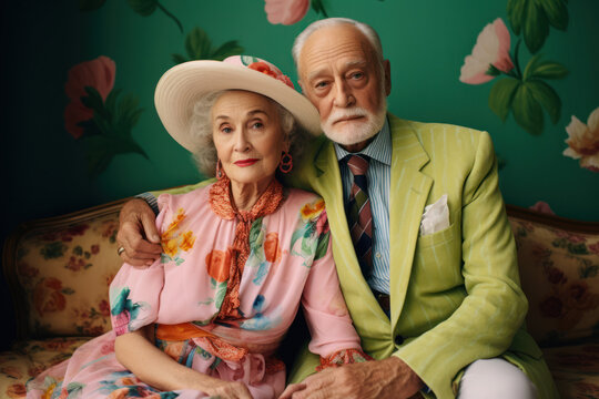 portrait of a an elderly couple bride/groom in trendy dress/suit with flowers happy grandparents fashion/beauty editorial magazine style film photography look - generative ai art