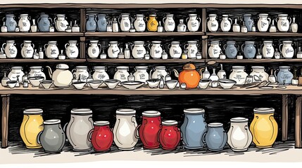 A store features a diverse, colorful pottery collection on a table. (Generative AI)