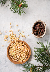 Pine nuts in a bowl  and scattered on a white texture background with branches of pine needles. The concept of natural, organic and healthy superfoods and snacks.