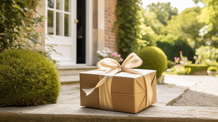 Elegant gift shop delivery, postal service and luxury online shopping, parcel box with a bow on a house doorstep in the countryside, generative ai