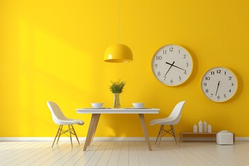 interior of modern dining room mock-up with watch on the wall