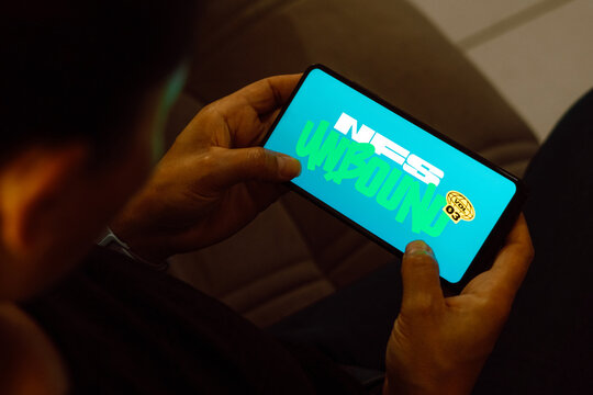 July 10, 2023, Brazil. In this photo illustration, the Need for Speed Unbound (NFS) logo is displayed on a smartphone screen.