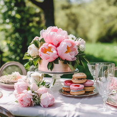 Dessert buffet with peony flowers, catering for wedding, party and holiday celebration, cakes and desserts in a countryside garden, generative ai