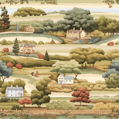 Seamless pattern, English country style print for wallpaper, wrapping paper, scrapbook, fabric and product design, countryside nature and landscape, generative ai