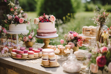 Wedding buffet table, event dessert food catering for wedding, party and holiday celebration, cakes, sweets and desserts in a country garden, generative ai