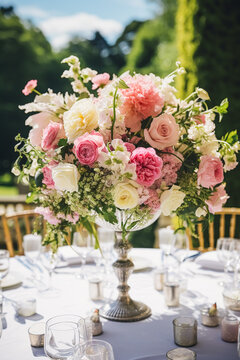 Country wedding, garden and floral decor, beautiful luxurious pink flowers decoration in country style, generative ai