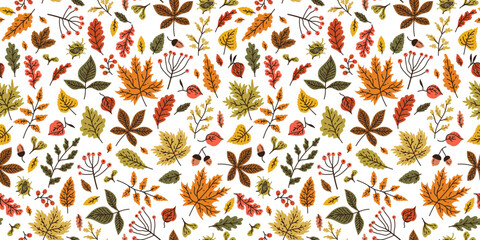 Fototapeta na wymiar Autumn seamless pattern with different leaves and plants, seasonal colors with acorns, autumn oak leaves in Orange, Beige, Brown and Yellow. Perfect for wallpaper, gift paper, pattern fills, web page