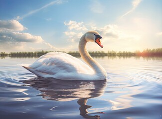 Naklejka na ściany i meble White swan in the foggy lake at the dawn. Morning lights. Romantic background. Beautiful swan. Cygnus. Romance of white swan with clear beautiful landscape. Created with Generative AI technology.
