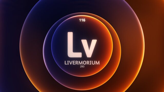 Livermorium as Element 116 of the Periodic Table. Concept illustration on abstract orange blue gradient rings seamless loop background. Title design for science content and infographic showcase displa