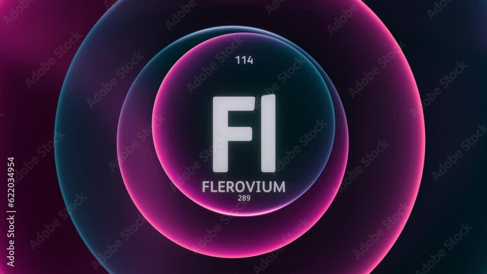 Wall mural Flerovium as Element 114 of the Periodic Table. Concept animation on abstract purple blue gradient rings seamless loop background. Title design for science content and infographic showcase backdrop.