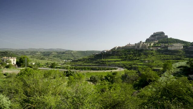 The ancient city of Morella and the fortress on the hill of Spain. Sunny summer day. High quality 4k footage