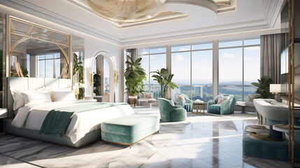 Schönes und luxuriöses Hotelzimmer im Artdeco Stil, generative KI