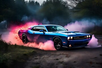 Obraz na płótnie Canvas car on the road, bright vibrant, gestural abstraction hyper-realistic manga paint ink splatter spatter, close up dodge challenger being chased by zombies, neon, mist, sparks, fog, god rays