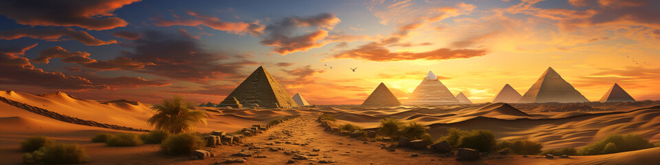 Fantasy panoramic view of ancient pyramids in desert at sunset, Egypt