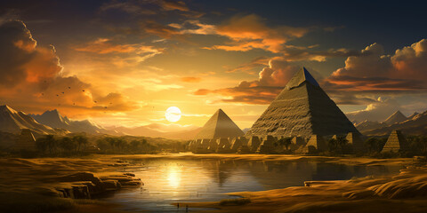 Egyptian landscape with Ancient pyramids, desert at sunset in past, fantasy view