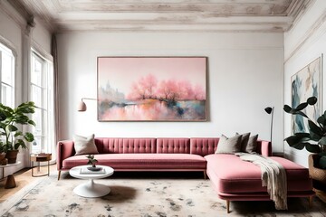 living room interior living room with a pink couch and a white wall with a painting on it 