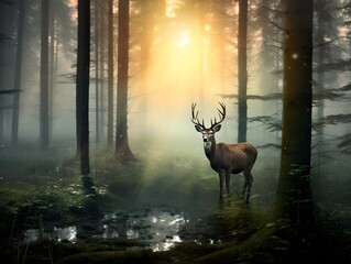 Majestätische Begegnung: Ein Hirsch im nebligen Wald beim Sonnenaufgang