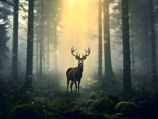 Majestätische Begegnung: Ein Hirsch im nebligen Wald beim Sonnenaufgang