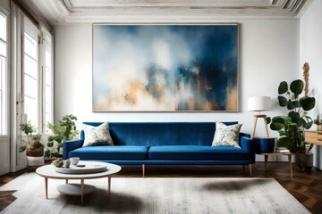 living room interior and living room with a blue couch and a white wall with a painting on it 