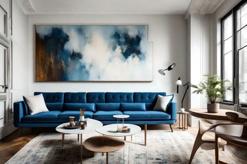 modern living room with fireplace and living room with a blue couch and a white wall with a painting on it 