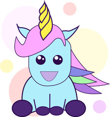 Cute blue colored unicorn sitting, vector illustration