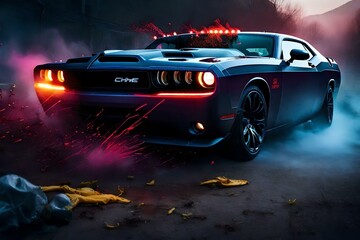 car with fire and bright vibrant, gestural abstraction hyper-realistic manga paint ink splatter spatter, close up dodge challenger being chased by zombies, neon, mist, sparks, fog, god rays