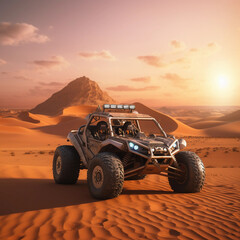 Fototapeta na wymiar Animated adventure with desert buggy standing in sandy dunes under bright sun, mountain backdrop, extreme off-road travel, exploration in arid landscape