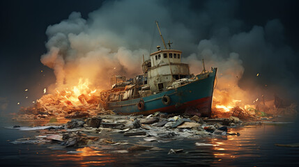 Fototapeta premium burning ship in the sea ai generated image